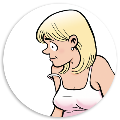 Illustration of a woman with blonde hair wearing a white tank top, looking down with a thoughtful expression. The image is set within a circular frame, emphasizing her profile and demeanor.