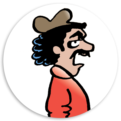 Cartoon character with curly blue hair and a brown hat, facing sideways, wearing a red shirt. The character has a mustache and a skeptical expression, set against a circular background.