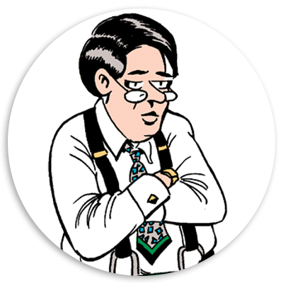 Cartoon character with glasses and a serious expression, wearing a white shirt and patterned tie, arms crossed, showcasing a professional appearance.