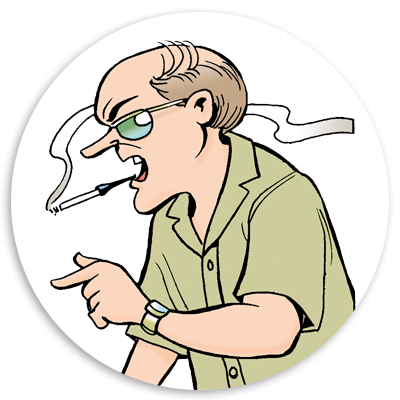 Angry cartoon character with glasses and a cigarette, gesturing emphatically while wearing a green shirt, in a circular frame.