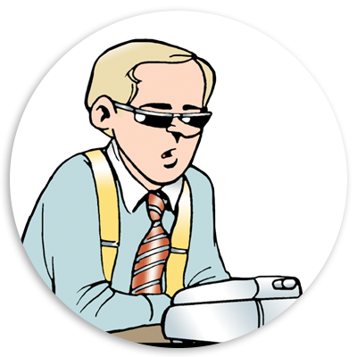 Illustration of a focused office worker wearing glasses and a blue shirt with yellow suspenders, sitting at a desk with a printer, emphasizing productivity and concentration in a professional setting.