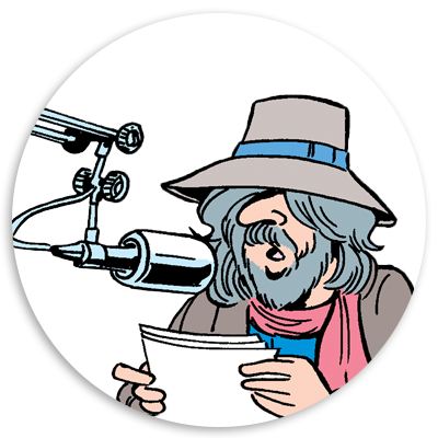 Illustration of a man with long hair and a hat, speaking into a microphone while holding a script, depicting a voice actor in a recording studio setting.