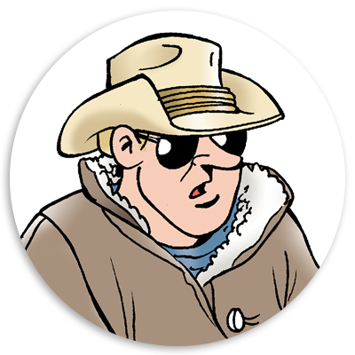 Cartoon illustration of a man wearing a cowboy hat and sunglasses, dressed in a brown coat with a fur-lined collar, set against a circular white background.