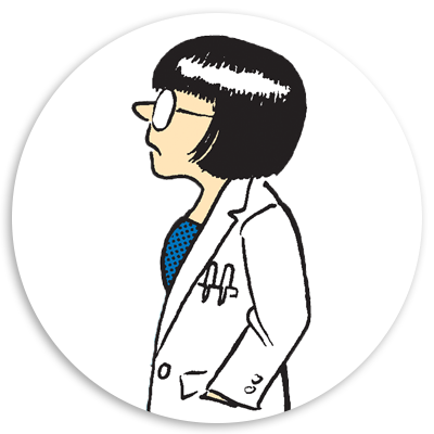 Cartoon illustration of a female doctor in a white lab coat, wearing glasses and a blue shirt, depicted in profile against a circular background.