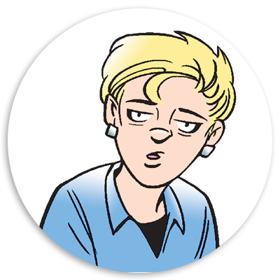 Illustration of a young person with blonde hair and earrings, wearing a blue shirt, displaying a skeptical expression. The character is depicted in a circular frame, emphasizing a comic art style.