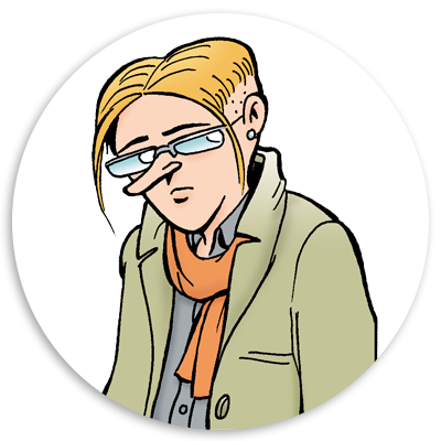 Illustration of a young person with blonde hair and glasses, wearing a green coat and orange scarf, looking thoughtfully downwards against a circular white background.