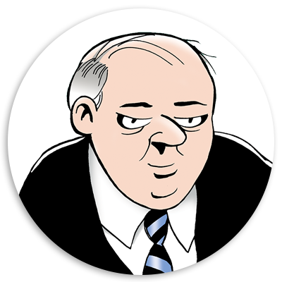 Cartoon illustration of a middle-aged man in a suit and tie, with a slightly skeptical expression, set against a circular white background.