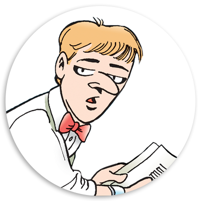 Illustration of a young man with light brown hair and a bow tie, looking slightly puzzled while holding a document. The character is depicted in a cartoon style with a round background.