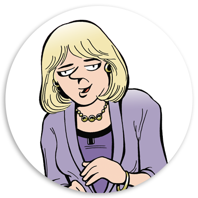 Illustration of a woman with blonde hair, wearing a purple top and necklace, looking thoughtfully to the side. The image features a circular background and captures a casual, expressive moment.