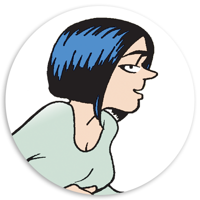 Illustration of a woman with short black hair and blue highlights, wearing a light green top, depicted in a side profile within a circular frame.