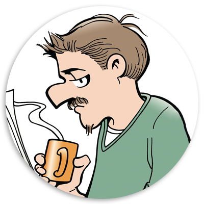 Cartoon illustration of a man with a mustache, wearing a green sweater, holding a steaming mug of coffee while looking pensively at a newspaper.