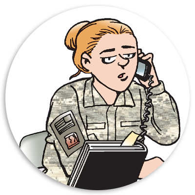 Military personnel on a phone call while reviewing notes in a notebook, wearing a camouflage uniform, with a focused expression.