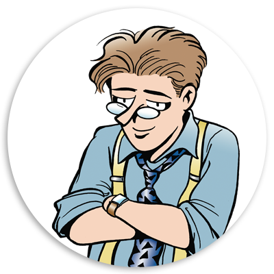 Cartoon character with glasses and styled hair, wearing a blue shirt and tie, arms crossed, set against a circular background.