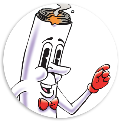 Cartoon character of a smiling candle with a bow tie, showing a hand gesture while emitting a small plume of smoke from its wick, set against a circular background.