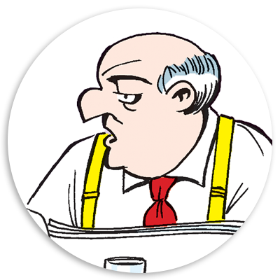 Cartoon character with a bald head and prominent nose, wearing a white shirt with yellow suspenders and a red tie, looking thoughtfully to the side while holding a newspaper.