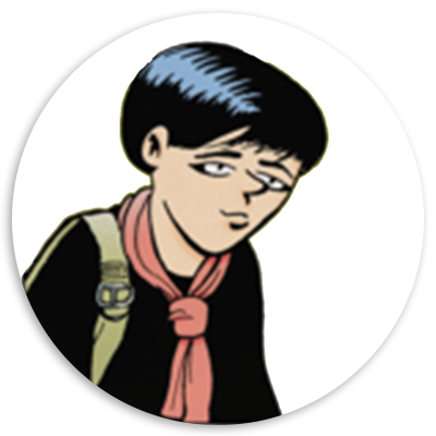 Illustration of a young male character with short black hair and a subtle expression, wearing a black outfit and a red scarf, depicted in a circular frame.