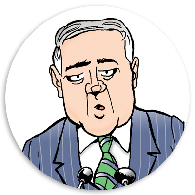 Cartoon illustration of a middle-aged man in a pinstripe suit and green tie, speaking at a podium with microphones, conveying a serious expression in a circular frame.