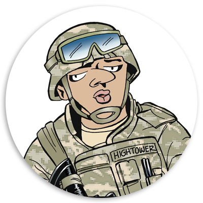 Cartoon illustration of a soldier in military camouflage uniform, wearing a helmet and goggles, with the name 
