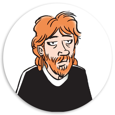 Cartoon illustration of a man with orange hair and a beard, wearing a black shirt, looking slightly puzzled or uninterested, set against a circular white background.