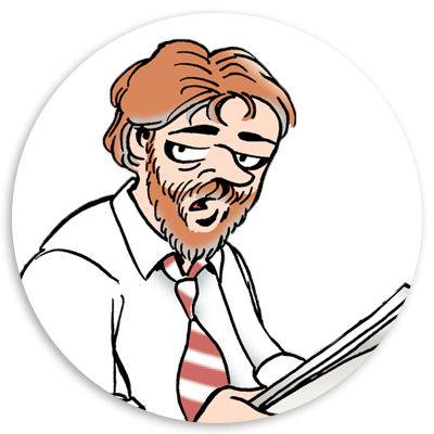 Cartoon illustration of a man with a beard and disheveled hair, wearing a white shirt and striped tie, looking thoughtfully at a newspaper.