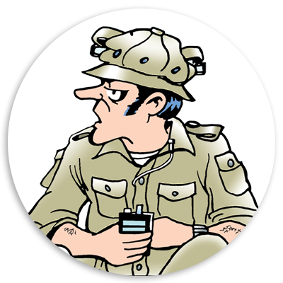 Cartoon illustration of a soldier wearing a helmet and holding a radio, with a serious expression, set against a circular background.