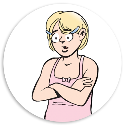 Illustration of a young girl with short blonde hair, wearing a pink tank top and blue hair clips, looking concerned with her arms crossed. The background is a circular white frame.