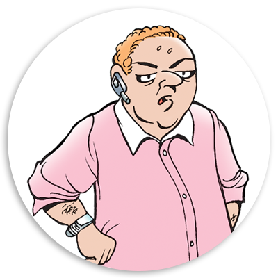 Cartoon character with orange hair and a headset, wearing a pink shirt, displaying a skeptical expression.