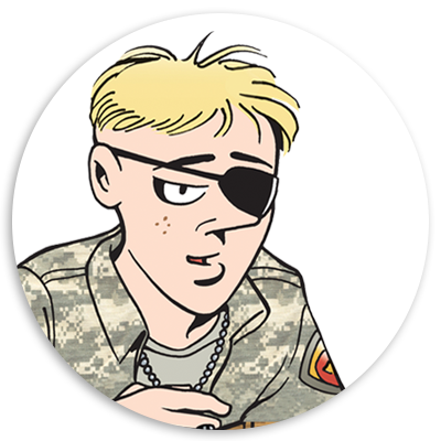 Cartoon character in military uniform with an eye patch and blonde hair, showcasing a confident expression.