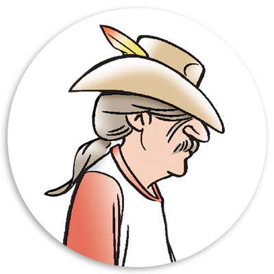 Cartoon illustration of a man with a long ponytail wearing a cowboy hat adorned with a feather, depicted in profile against a circular background.