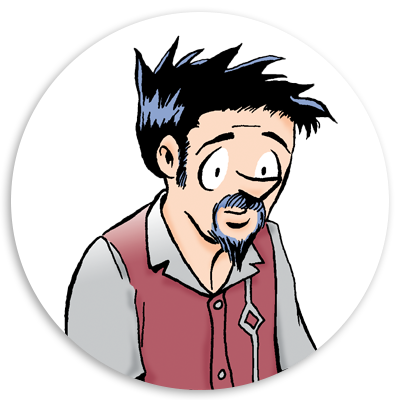 Cartoon character with spiky black hair and a goatee, wearing a red vest over a light shirt, smiling and looking slightly to the side, set against a circular white background.