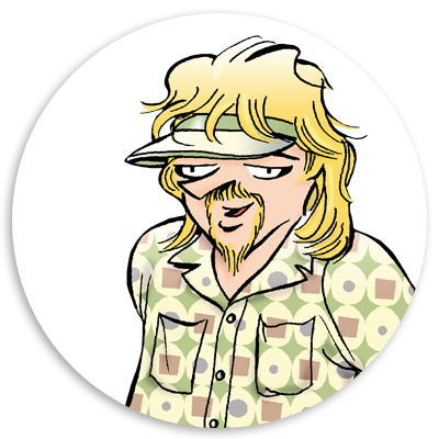 Cartoon illustration of a man with long, wavy blonde hair and a mustache, wearing a patterned shirt and a visor cap, set against a circular background.
