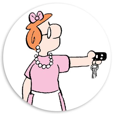 Cartoon woman with red hair and glasses, wearing a pink dress and pearl necklace, holding a set of car keys in one hand, looking back over her shoulder.