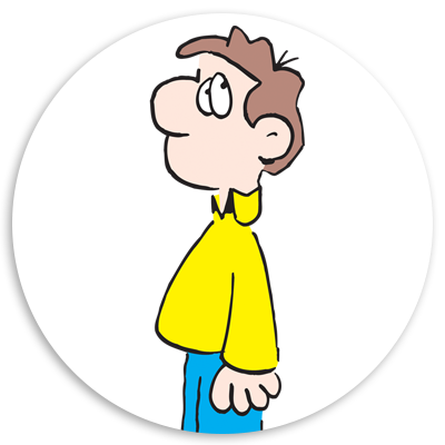 Cartoon character in profile wearing a yellow shirt and blue pants, with a playful expression, set against a white circular background.