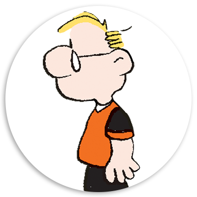 Cartoon character with blonde hair and glasses, wearing an orange and black shirt, depicted in profile against a circular white background.