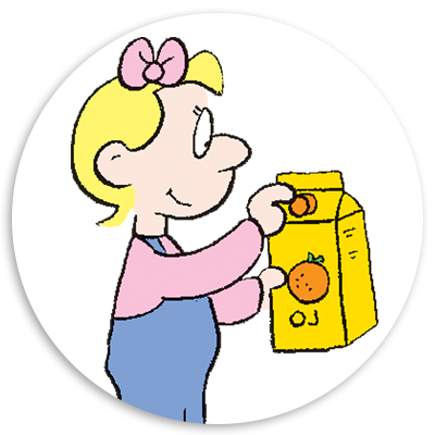 Cartoon girl with blonde hair and a pink bow, holding a carton of orange juice featuring an orange graphic, smiling and enjoying her drink.