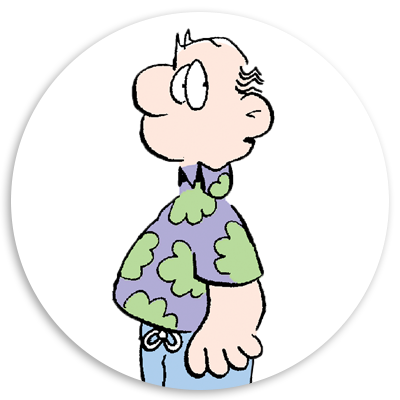 Cartoon character in profile view wearing a colorful Hawaiian shirt with green patterns and light blue pants, set against a white circular background.
