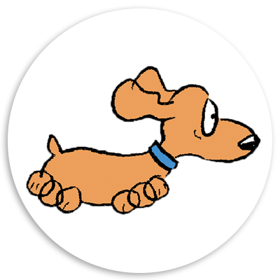 Cartoon illustration of a playful orange dog running with a blue collar, set against a white circular background.