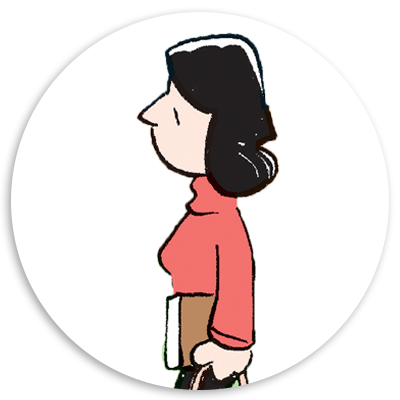 Illustration of a woman in profile, wearing a red sweater and holding a book, with a neutral expression and dark hair styled in loose waves.