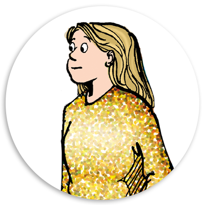 Illustration of a girl with long blonde hair wearing a glittery gold sweater, set against a circular white background.