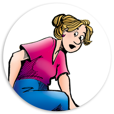 Illustration of a woman with blonde hair in a bun, wearing a pink shirt and blue pants, bending forward with a curious expression.