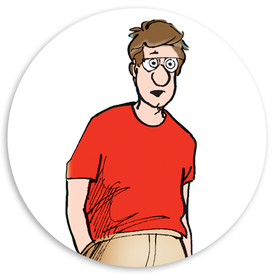 Cartoon character with brown hair and glasses wearing a red t-shirt and beige pants, standing against a white circular background.