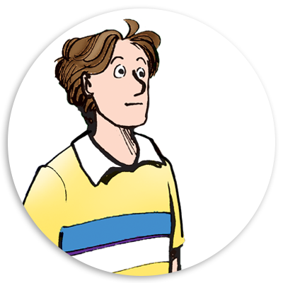 Illustration of a young man with short, wavy brown hair, wearing a yellow and white striped shirt with a blue stripe, looking thoughtfully to the side against a white background.