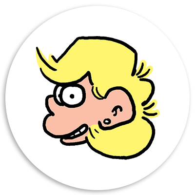 Cartoon illustration of a character with blonde hair and a playful expression, set against a white circular background.