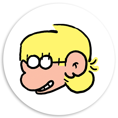 Cartoon character with short blonde hair and round glasses, smiling in a side profile, set against a white circular background.