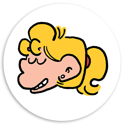 Cartoon character with blonde hair styled in a ponytail, smiling with eyes closed, set against a white circular background.