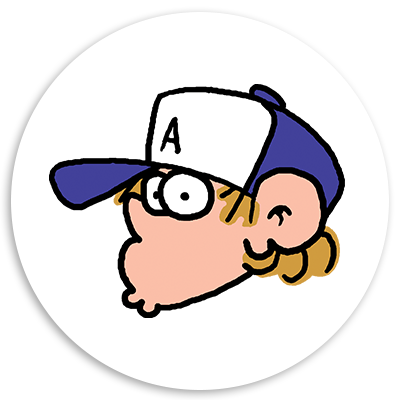 Cartoon character with a large head and distinctive facial features, wearing a blue and white cap with the letter 
