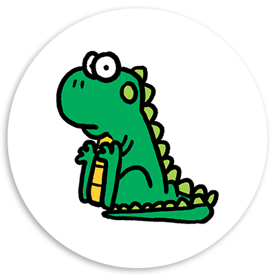 Cartoon dinosaur character sitting and holding a yellow object, featuring a green body with spiky back and large eyes, set against a white circular background.