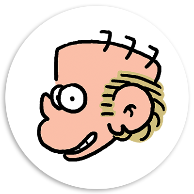 Cartoon illustration of a character's head with a simplistic design, featuring a round face, large eye, and distinctive hairstyle with a prominent ear, set against a white circular background.