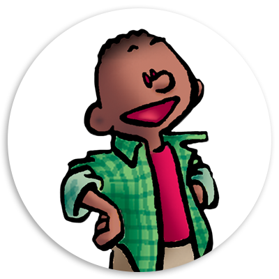 Cartoon character with a confident expression, wearing a green plaid shirt over a red shirt, standing with hands on hips against a circular background.