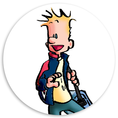 Cartoon character with spiky blonde hair, wearing a colorful jacket and holding a bag, smiling and standing against a circular white background.